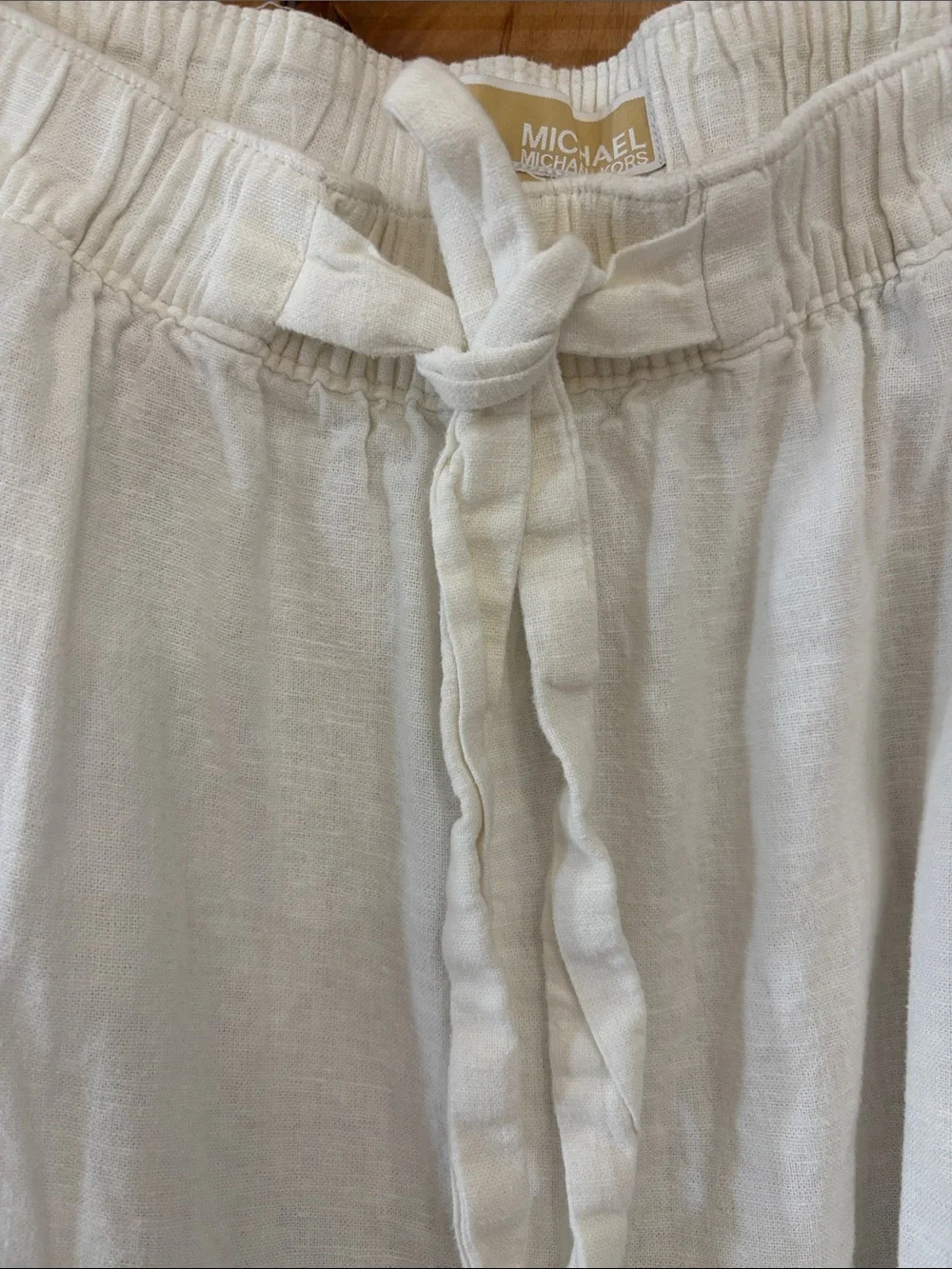 White Michael Kors Linen Drawstring Pants with Gold Accents